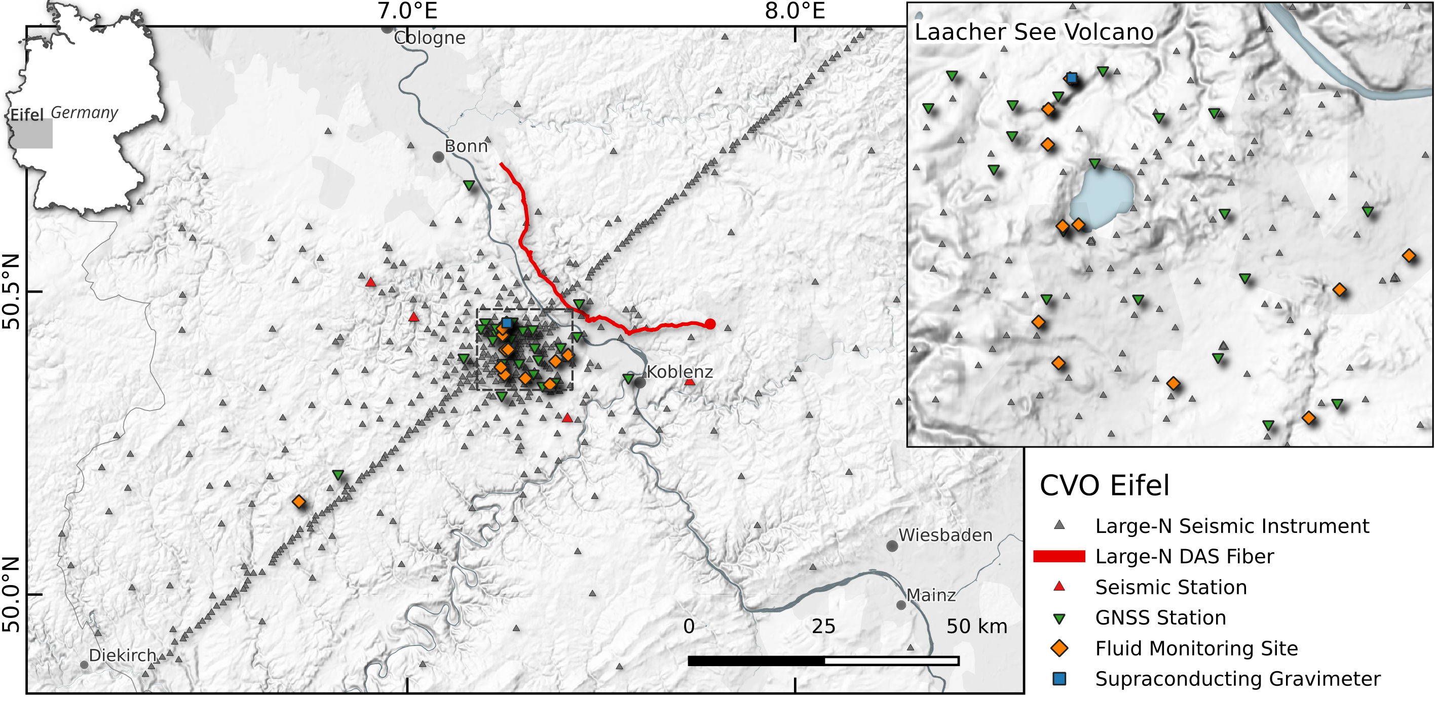Fig 6. Layout of the Eifel Large-N experiment in the CVO Eifel region from 2022-2023