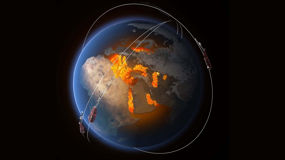 Fig 2. The three identical satellites of the Swarm mission to measure the Earth's magnetic field. (Figure: ESA/AOES Medialab)