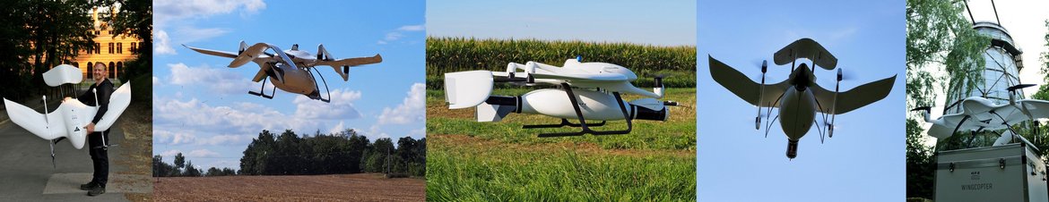 Fig 2. Tilt-rotor propelled vertical take-off fixed-wing UAV "Wingcopter 178 Heavy Lift" on ground respectively during test and measurement flights with sensors to determine greenhouse gas exchange between earth and atmosphere (GFZ)